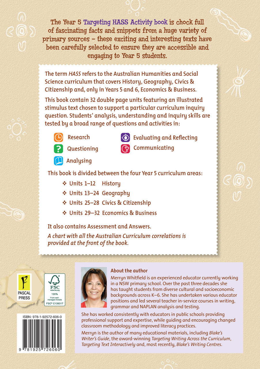 Back cover of Targeting HASS Activity Book Year 5 from Pascal Press, shown at the end of the publisher gallery