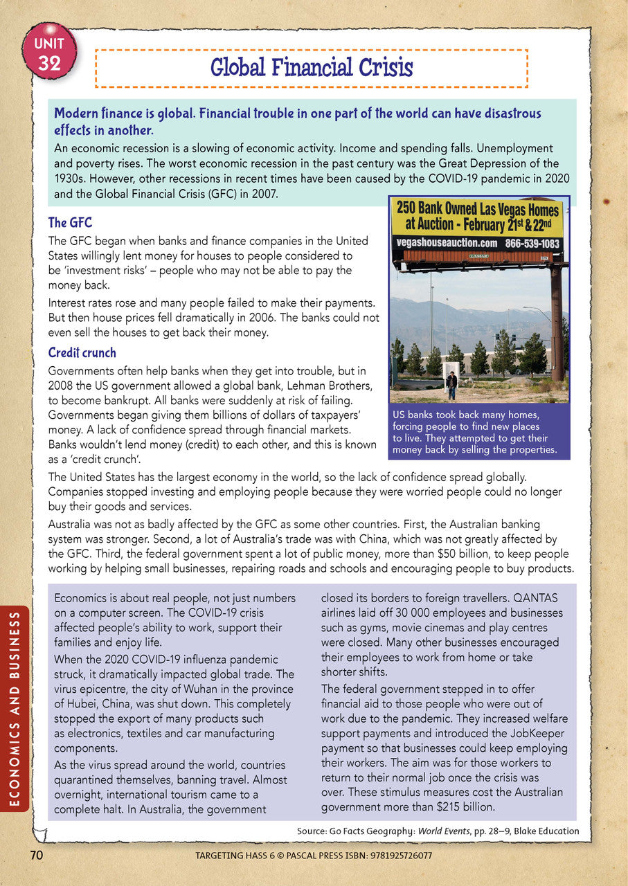 Sample inside page 70 of Targeting HASS Activity Book Year 6, shown in the publisher's preview gallery of HASS units