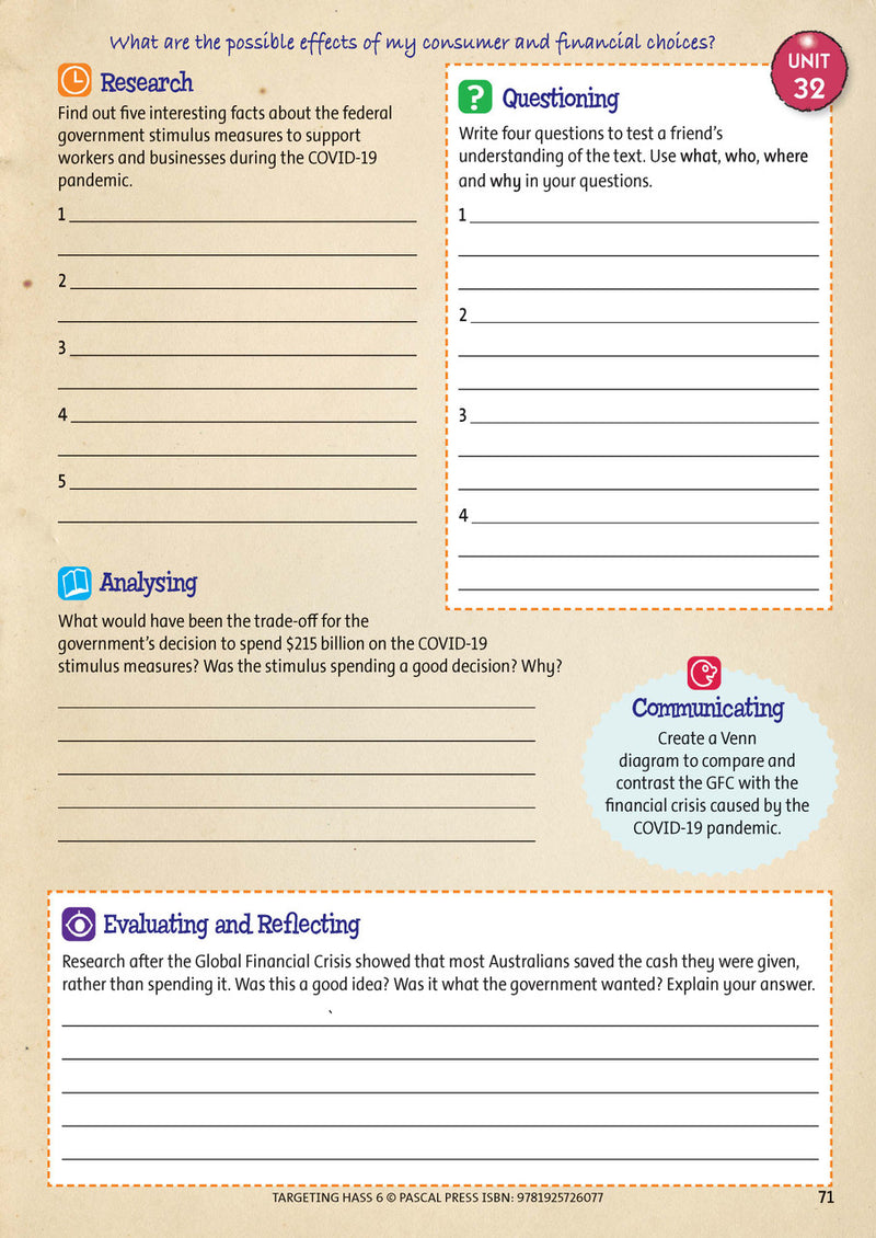 Sample inside page 71 of Targeting HASS Activity Book Year 6, shown in the publisher's preview gallery of HASS units