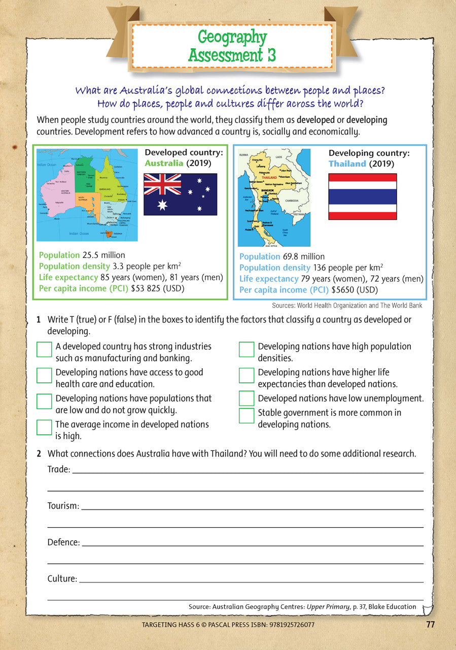 Sample inside page 77 of Targeting HASS Activity Book Year 6, shown in the publisher's preview gallery of HASS units