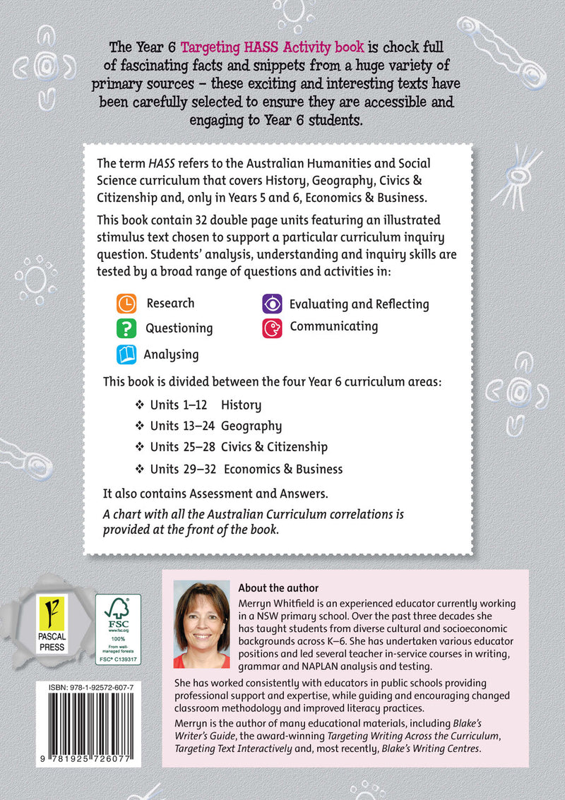 Back cover of Targeting HASS Activity Book Year 6 from Pascal Press, shown at the end of the publisher gallery