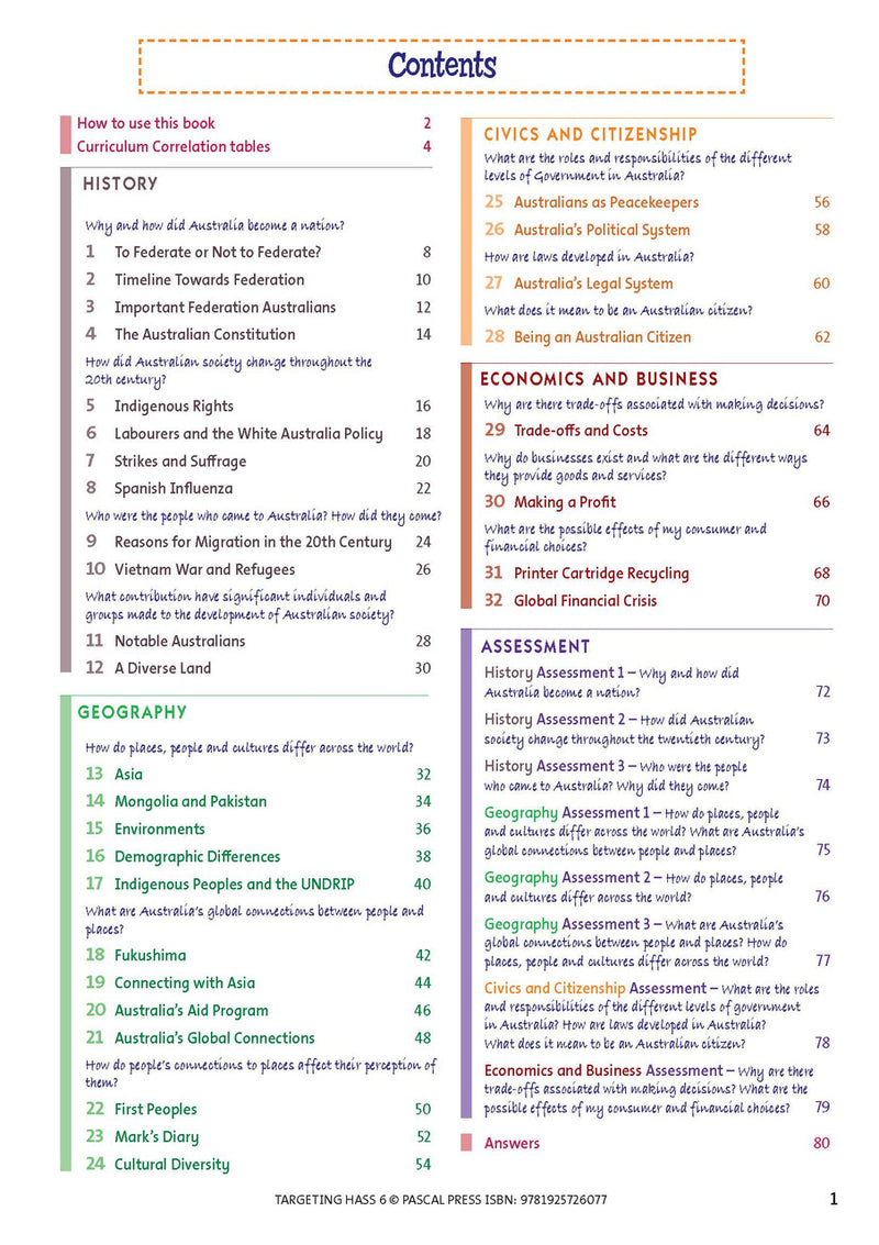 Sample inside page 1 of Targeting HASS Activity Book Year 6, shown in the publisher's preview gallery of HASS units