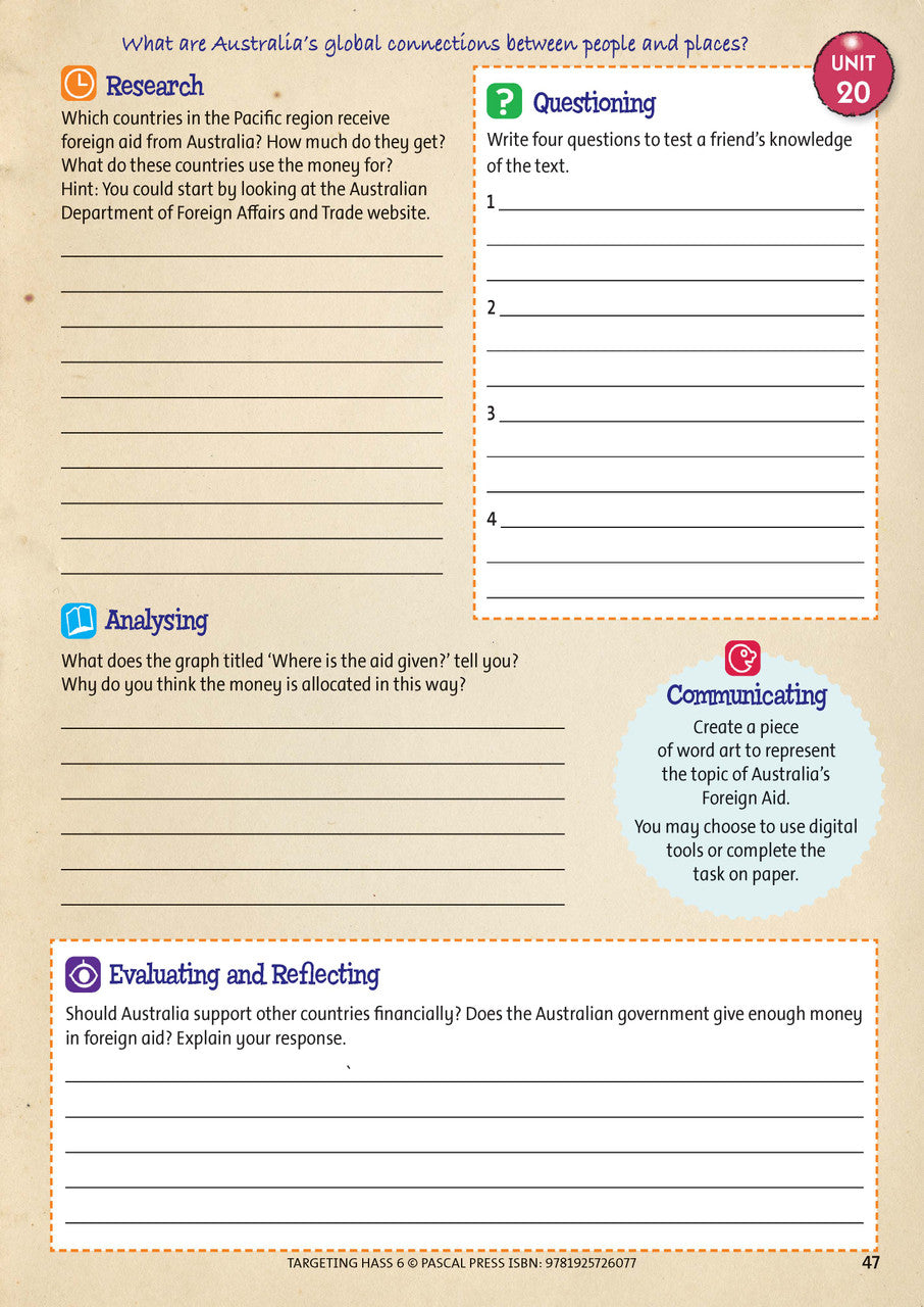 Sample inside page 47 of Targeting HASS Activity Book Year 6, shown in the publisher's preview gallery of HASS units