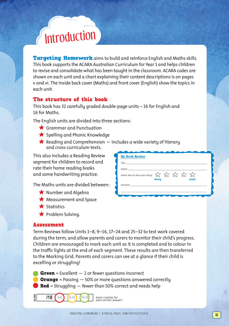 Sample page from Targeting Homework Activity Book Year 1 New Edition, shown in the publisher's preview gallery of English and maths homework units
