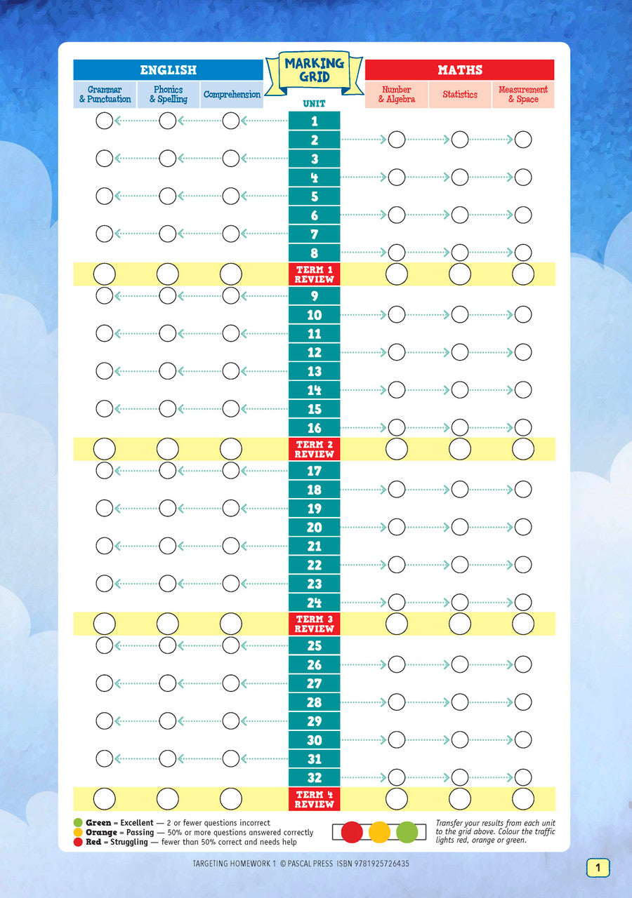 Sample page from Targeting Homework Activity Book Year 1 New Edition, shown in the publisher's preview gallery of English and maths homework units