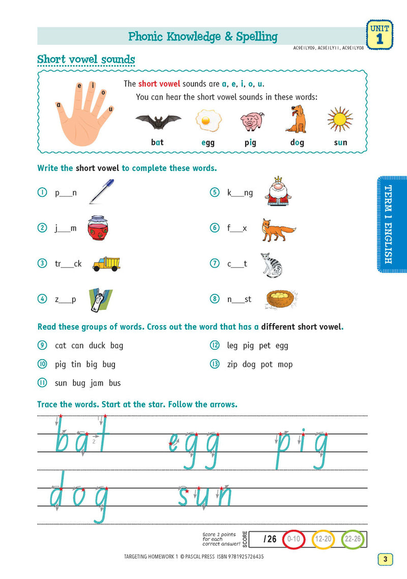 Sample page from Targeting Homework Activity Book Year 1 New Edition, shown in the publisher's preview gallery of English and maths homework units