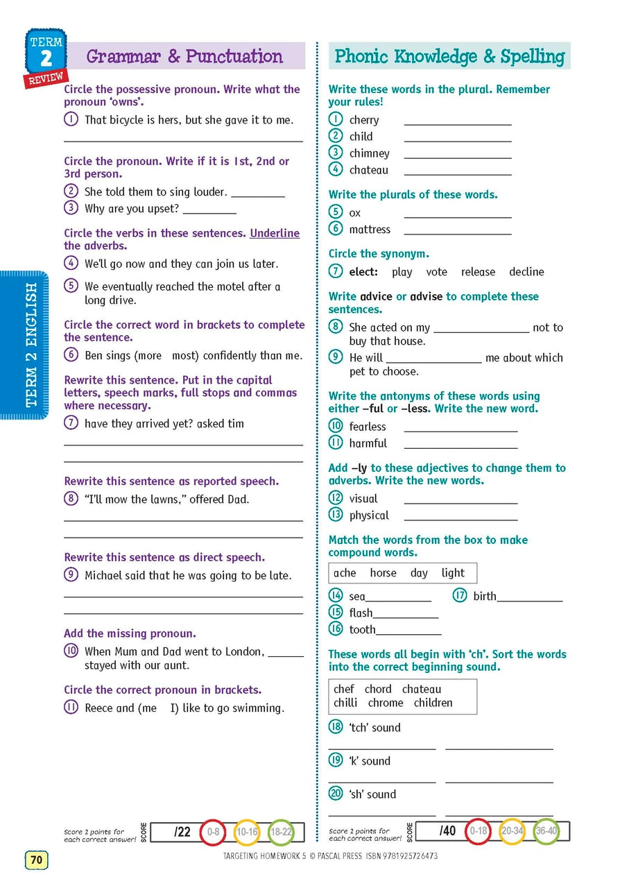 Sample page from Targeting Homework Activity Book Year 5 New Edition, shown in the publisher's preview gallery of English and maths homework units