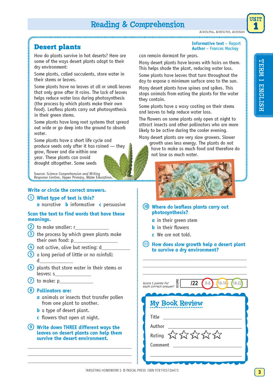 Sample page from Targeting Homework Activity Book Year 5 New Edition, shown in the publisher's preview gallery of English and maths homework units