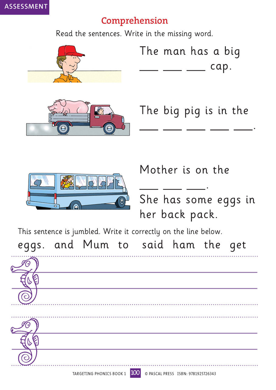 Sample interior activity page from the Targeting Phonics Book 1 phonics activity book, from the publisher preview gallery