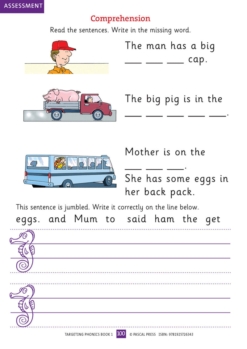 Sample interior activity page from the Targeting Phonics Book 1 phonics activity book, from the publisher preview gallery