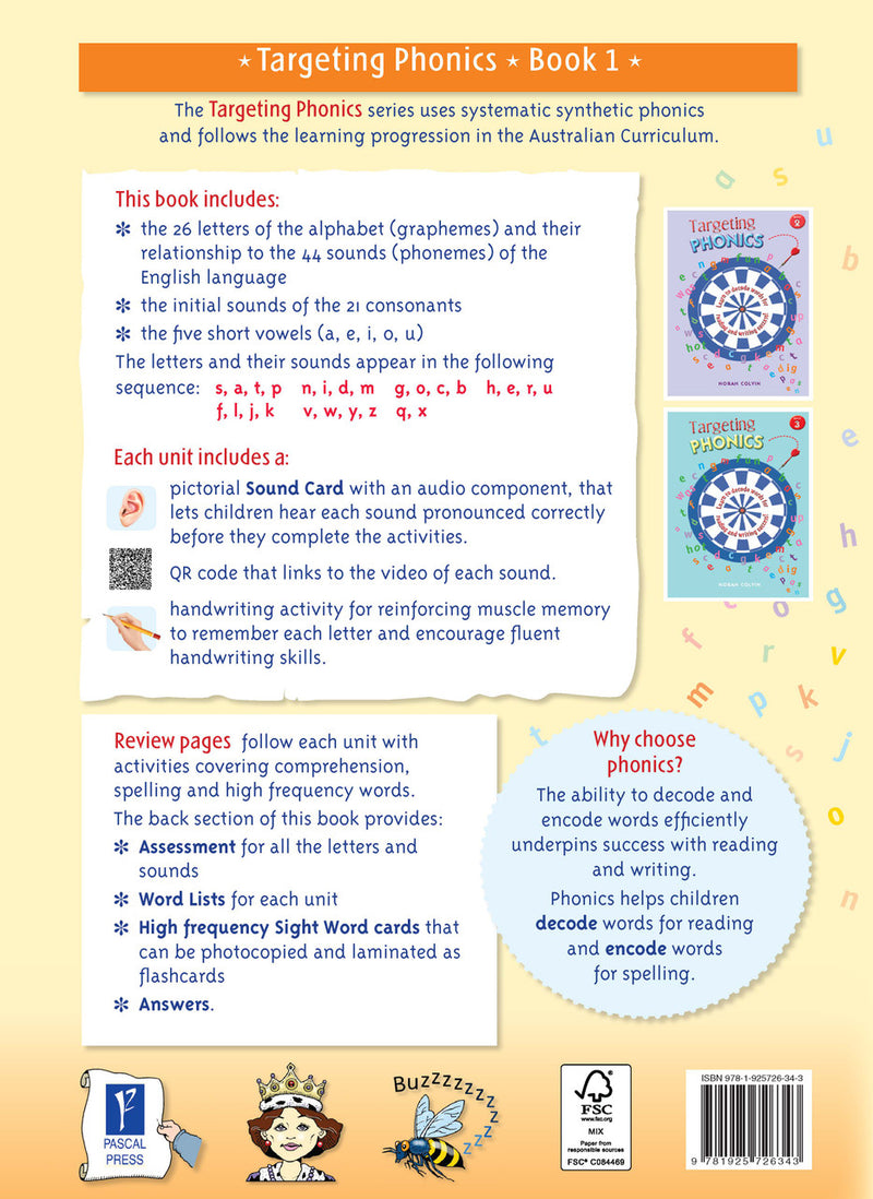 Back cover of the Targeting Phonics Book 1 phonics activity book with the series blurb, from the publisher preview gallery