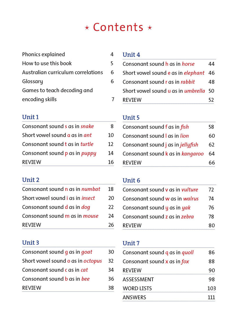 Contents page of the Targeting Phonics Book 1 phonics activity book listing the units, from the publisher preview gallery