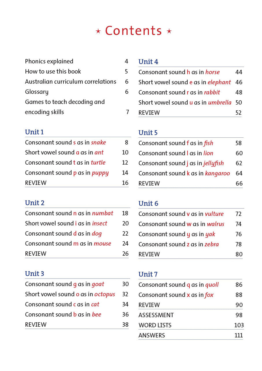 Contents page of the Targeting Phonics Book 1 phonics activity book listing the units, from the publisher preview gallery