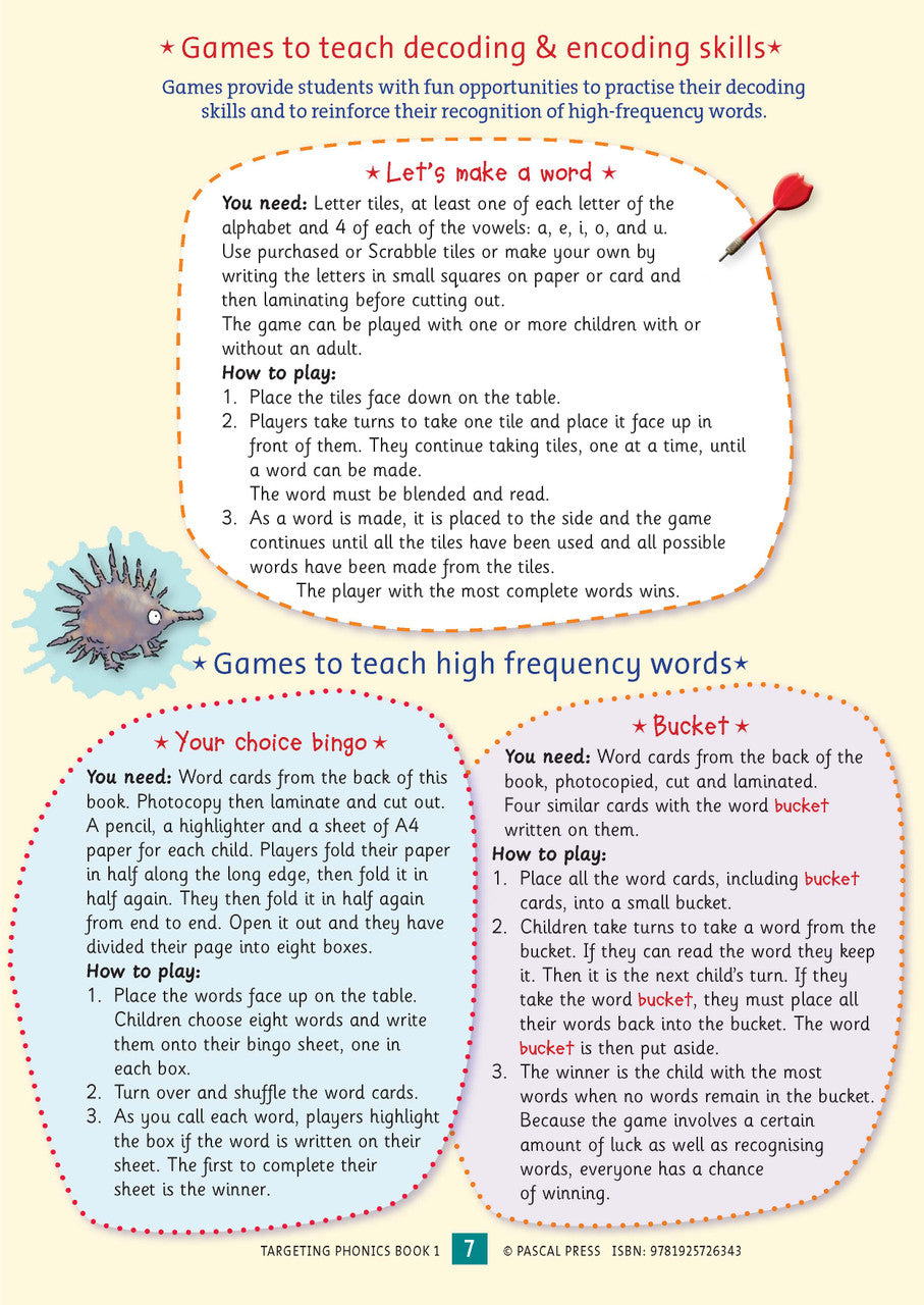 Sample interior activity page from the Targeting Phonics Book 1 phonics activity book, from the publisher preview gallery