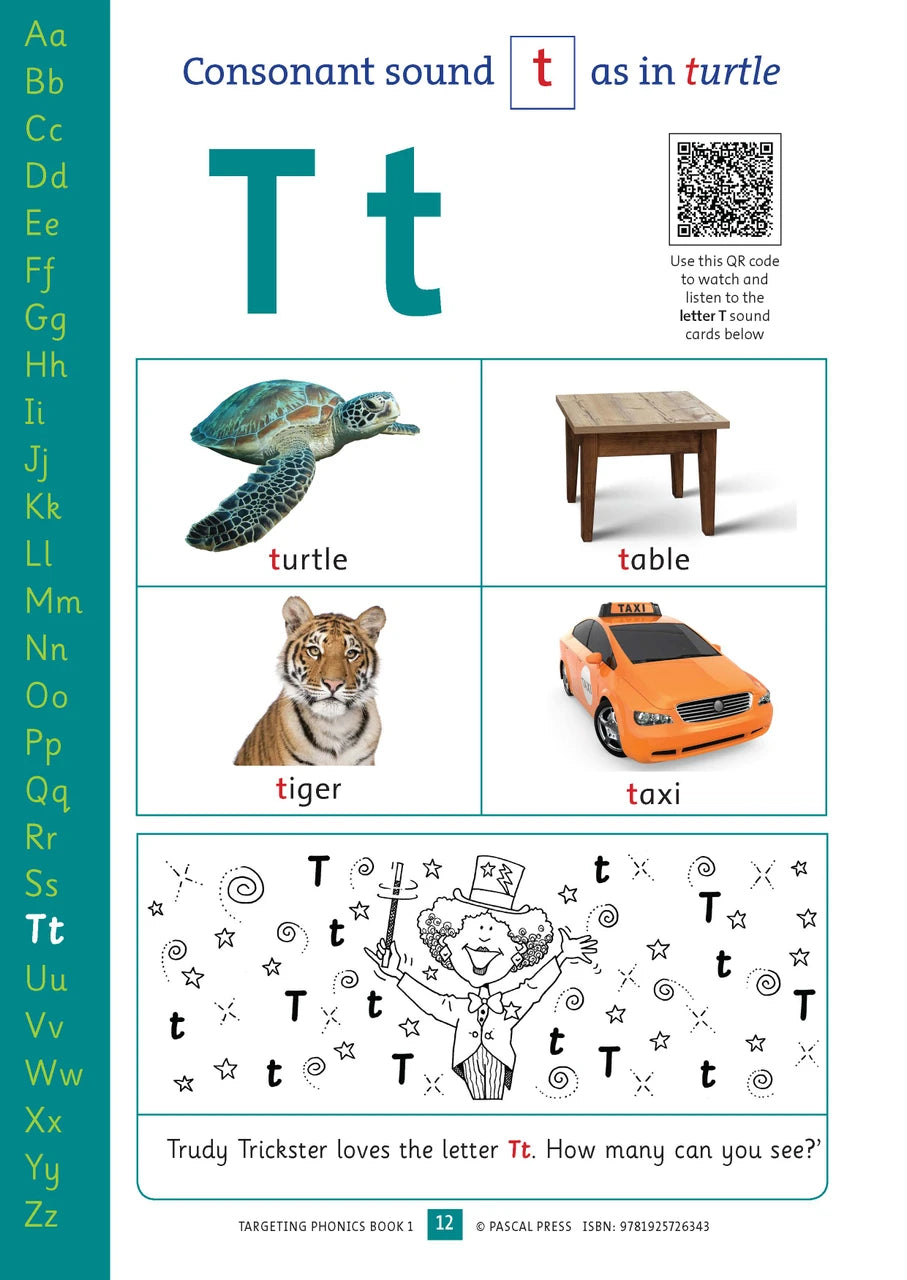 Sample interior activity page from the Targeting Phonics Book 1 phonics activity book, from the publisher preview gallery