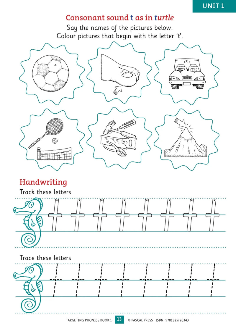 Sample interior activity page from the Targeting Phonics Book 1 phonics activity book, from the publisher preview gallery