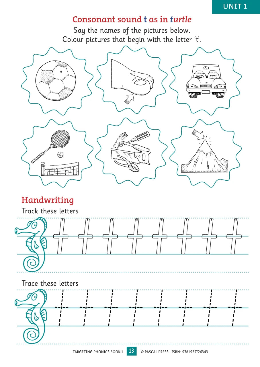Sample interior activity page from the Targeting Phonics Book 1 phonics activity book, from the publisher preview gallery