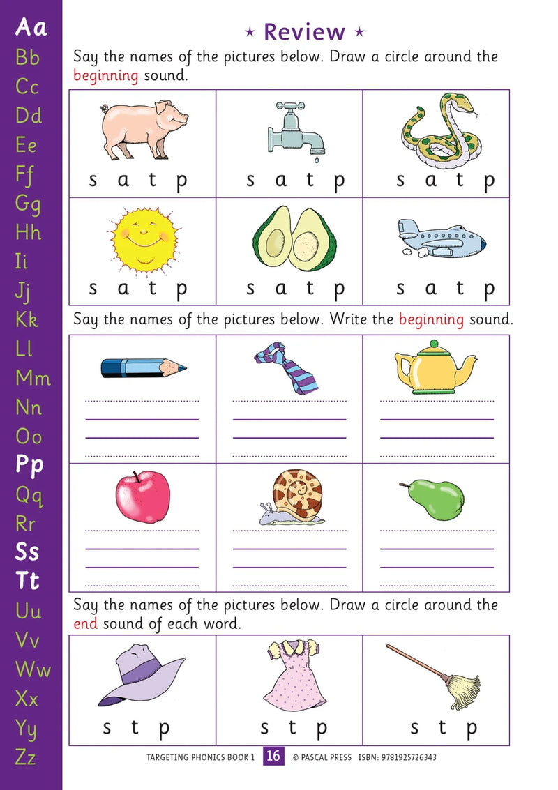 Sample interior activity page from the Targeting Phonics Book 1 phonics activity book, from the publisher preview gallery