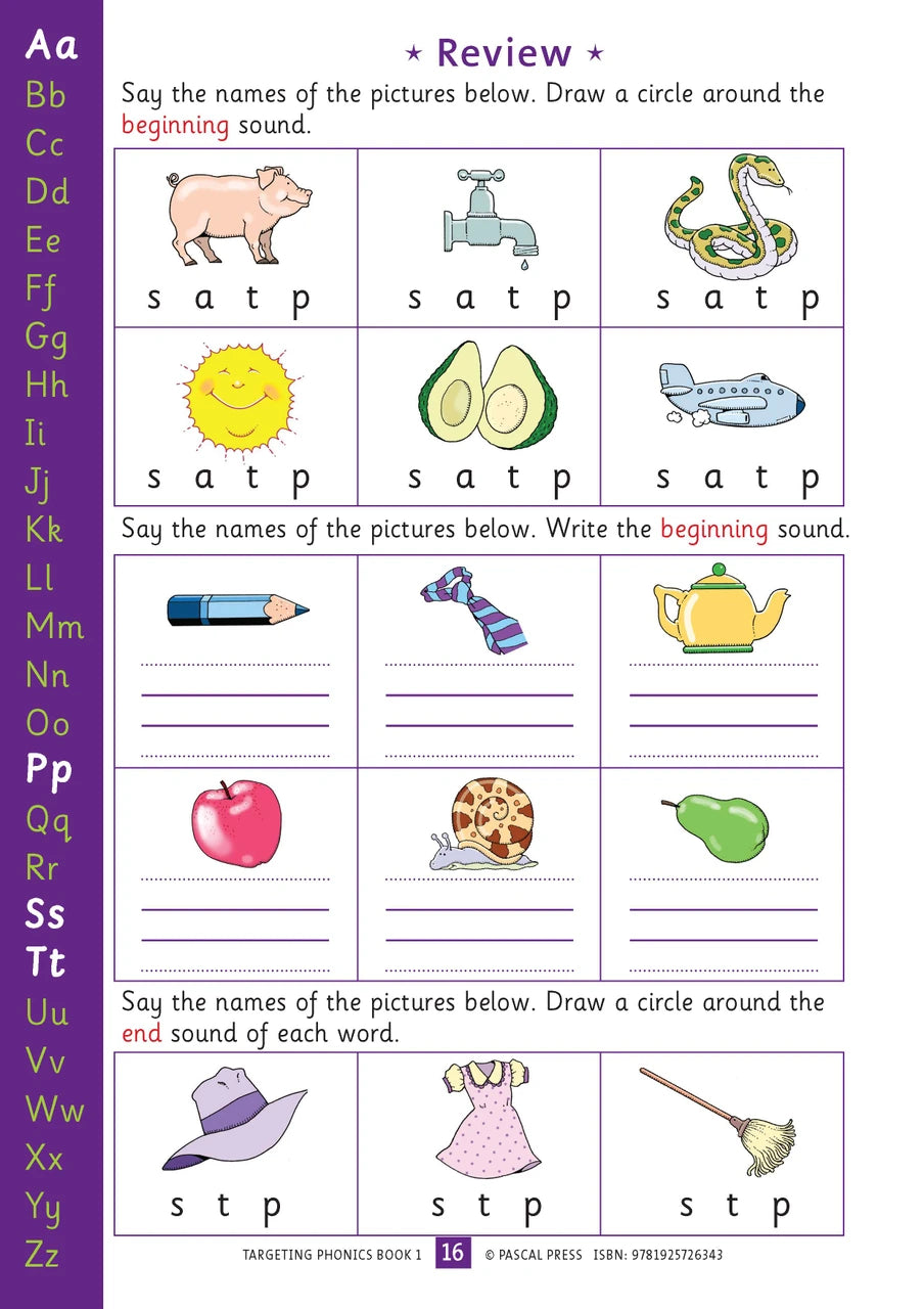 Sample interior activity page from the Targeting Phonics Book 1 phonics activity book, from the publisher preview gallery