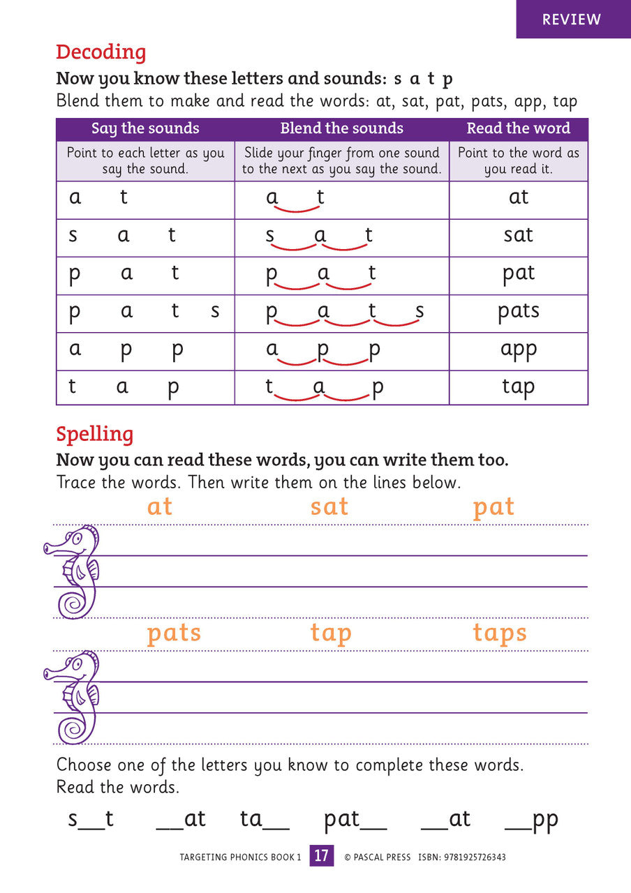 Sample interior activity page from the Targeting Phonics Book 1 phonics activity book, from the publisher preview gallery