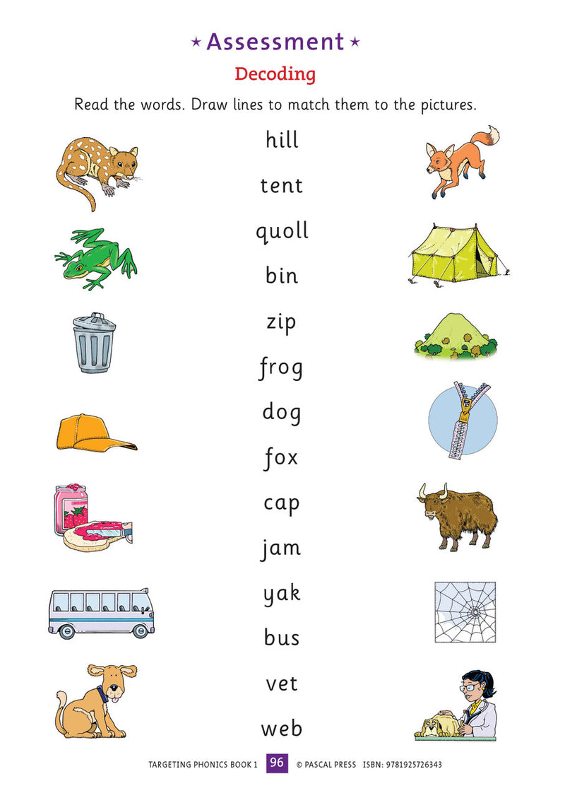 Sample interior activity page from the Targeting Phonics Book 1 phonics activity book, from the publisher preview gallery