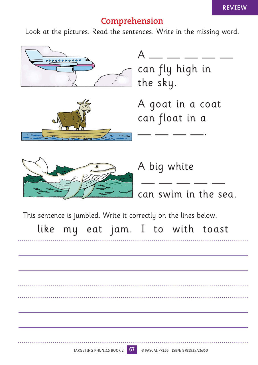 Sample interior activity page from the Targeting Phonics Book 2 phonics activity book, from the publisher preview gallery