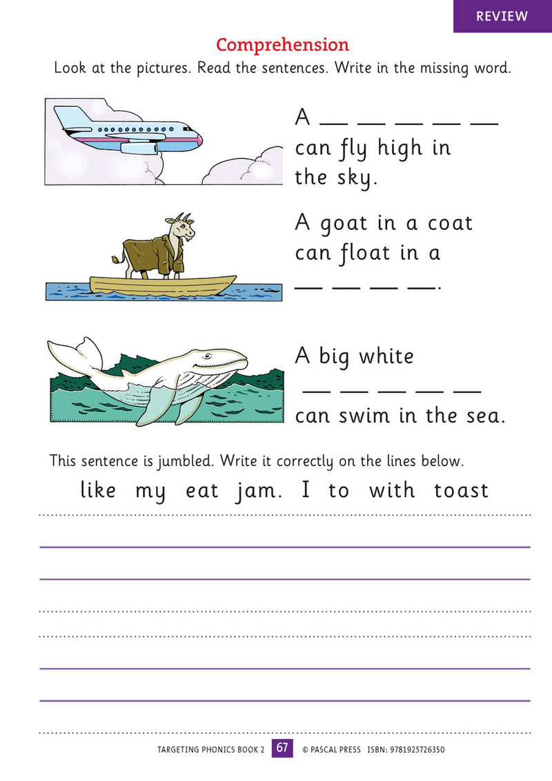 Sample interior activity page from the Targeting Phonics Book 2 phonics activity book, from the publisher preview gallery