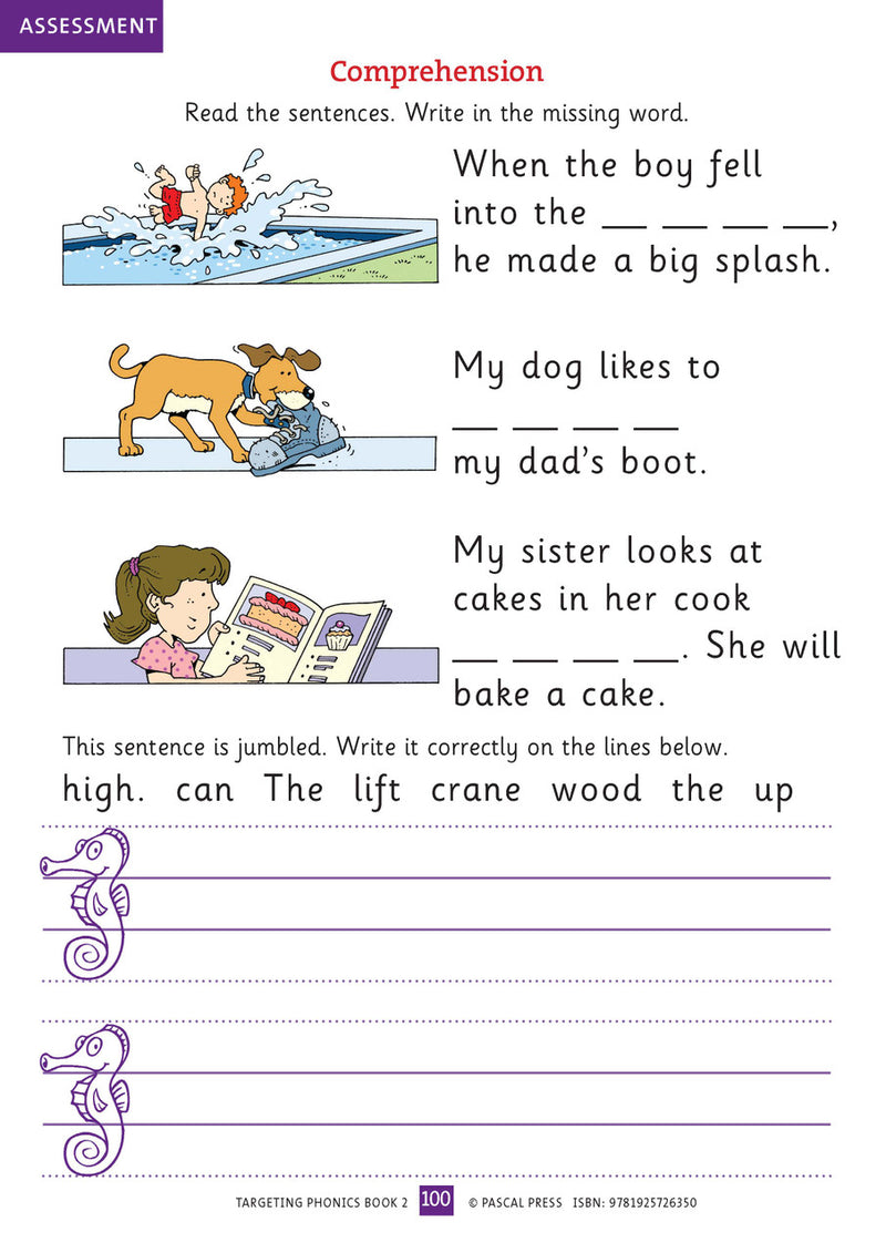 Sample interior activity page from the Targeting Phonics Book 2 phonics activity book, from the publisher preview gallery