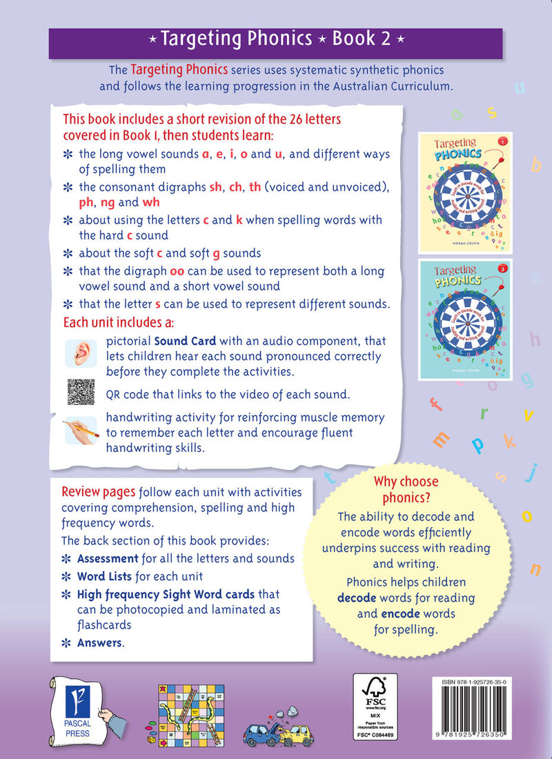 Back cover of the Targeting Phonics Book 2 phonics activity book with the series blurb, from the publisher preview gallery