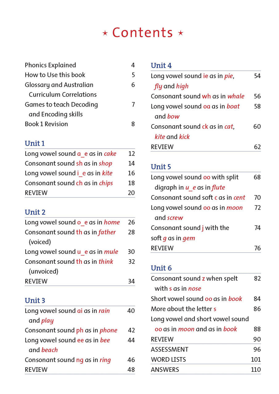 Contents page of the Targeting Phonics Book 2 phonics activity book listing the units, from the publisher preview gallery