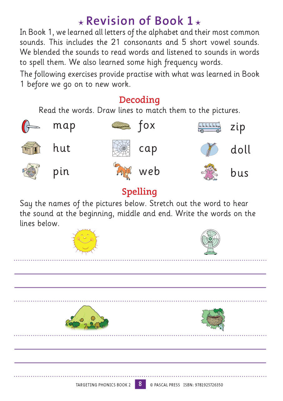 Sample interior activity page from the Targeting Phonics Book 2 phonics activity book, from the publisher preview gallery