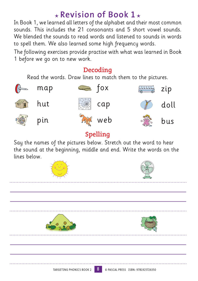 Sample interior activity page from the Targeting Phonics Book 2 phonics activity book, from the publisher preview gallery