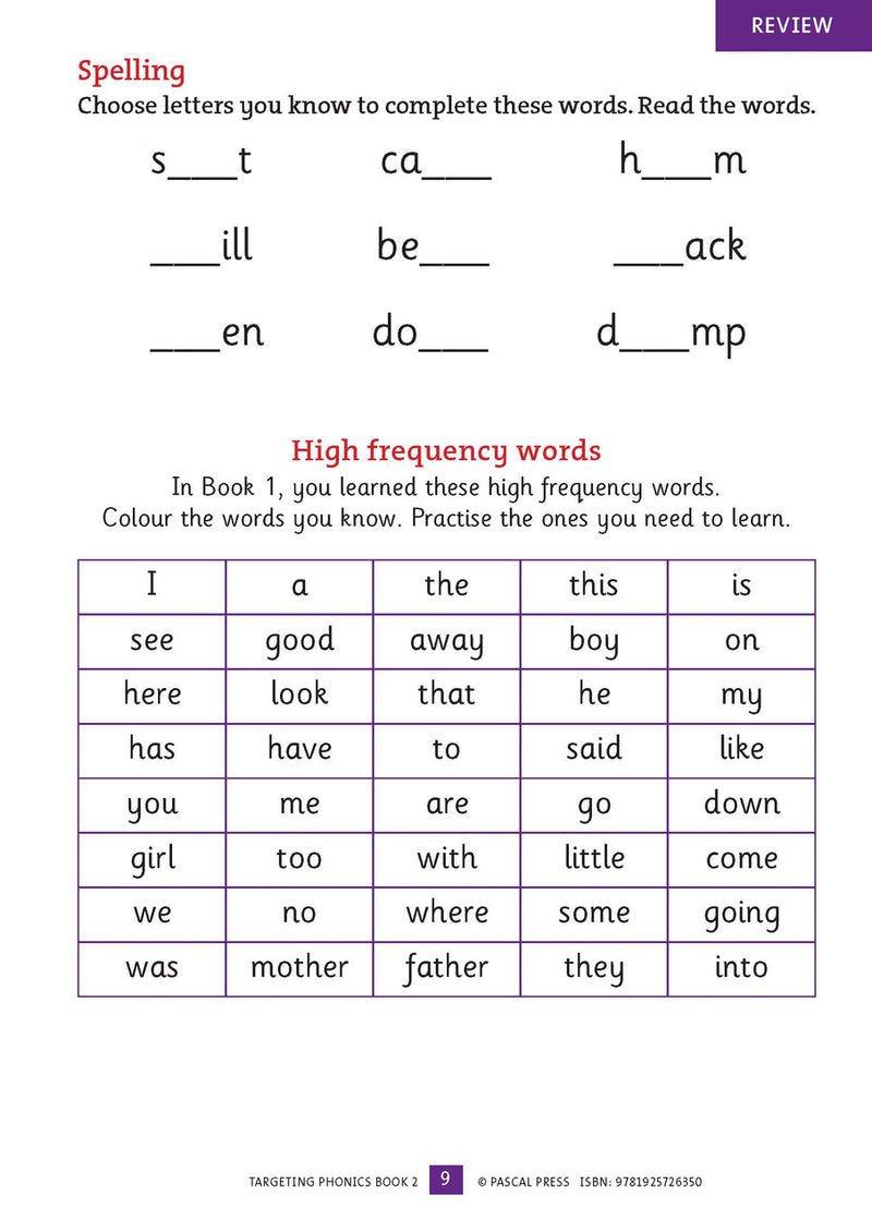 Sample interior activity page from the Targeting Phonics Book 2 phonics activity book, from the publisher preview gallery