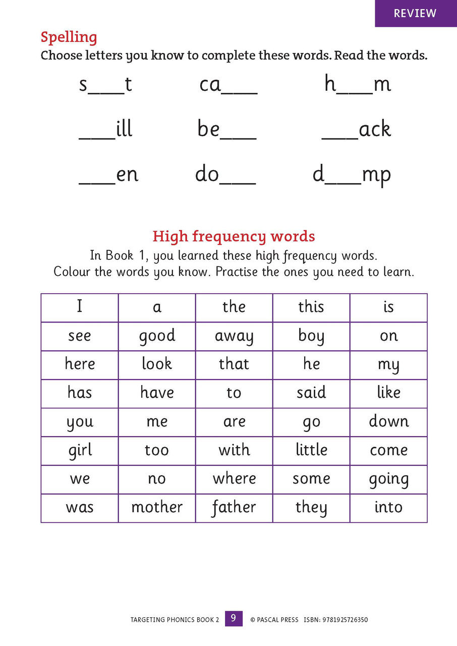 Sample interior activity page from the Targeting Phonics Book 2 phonics activity book, from the publisher preview gallery