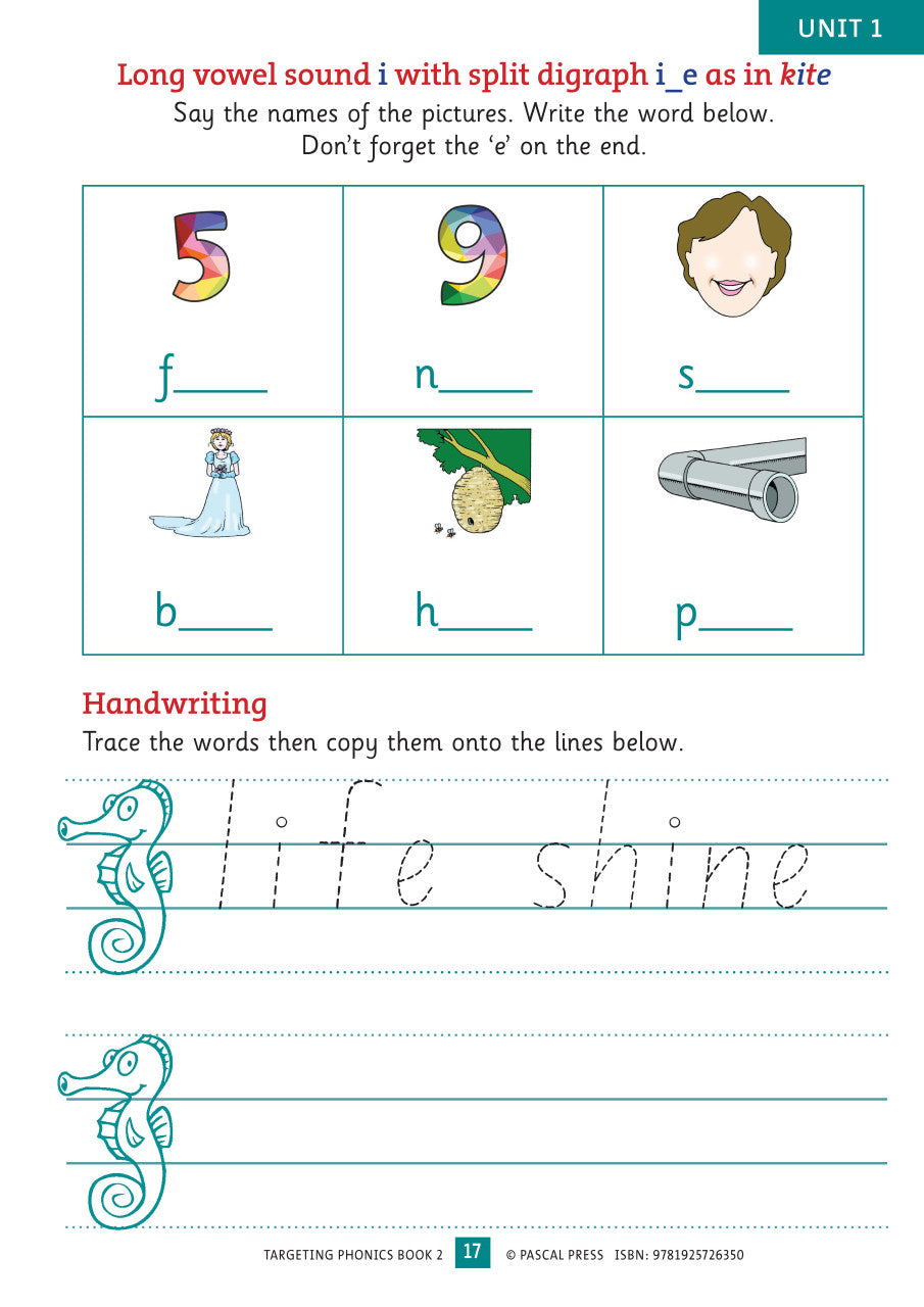 Sample interior activity page from the Targeting Phonics Book 2 phonics activity book, from the publisher preview gallery