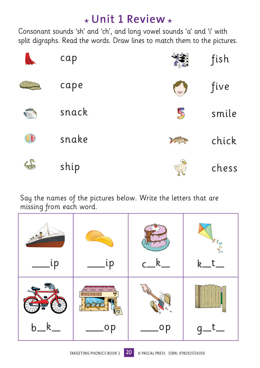 Sample interior activity page from the Targeting Phonics Book 2 phonics activity book, from the publisher preview gallery