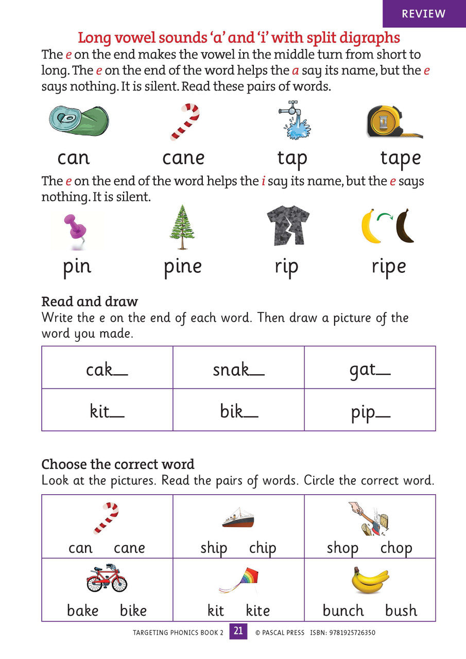 Sample interior activity page from the Targeting Phonics Book 2 phonics activity book, from the publisher preview gallery