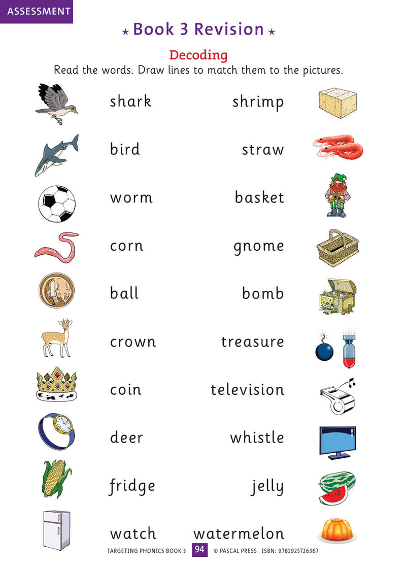 Sample interior activity page from the Targeting Phonics Book 3 phonics activity book, from the publisher preview gallery