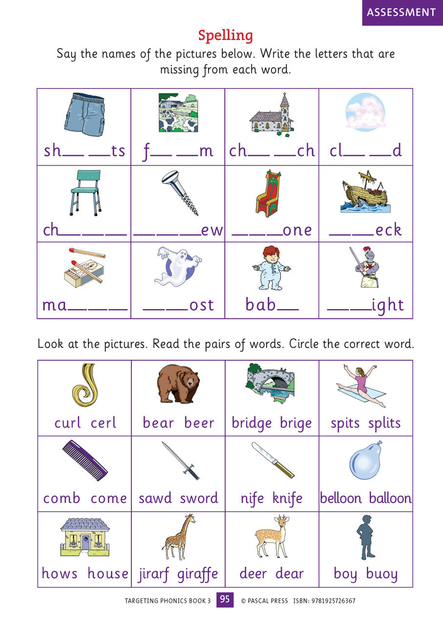 Sample interior activity page from the Targeting Phonics Book 3 phonics activity book, from the publisher preview gallery