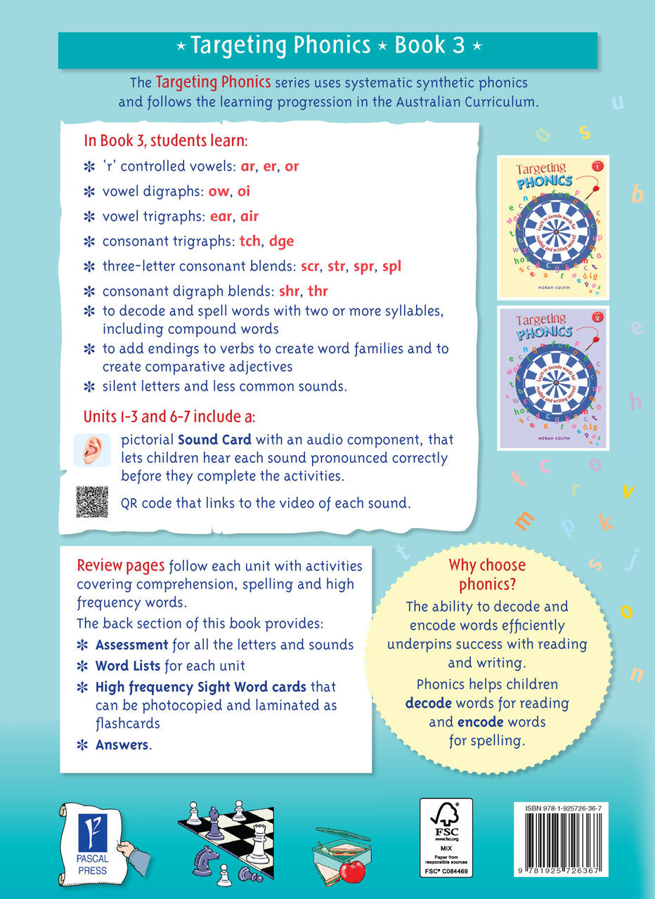 Back cover of the Targeting Phonics Book 3 phonics activity book with the series blurb, from the publisher preview gallery