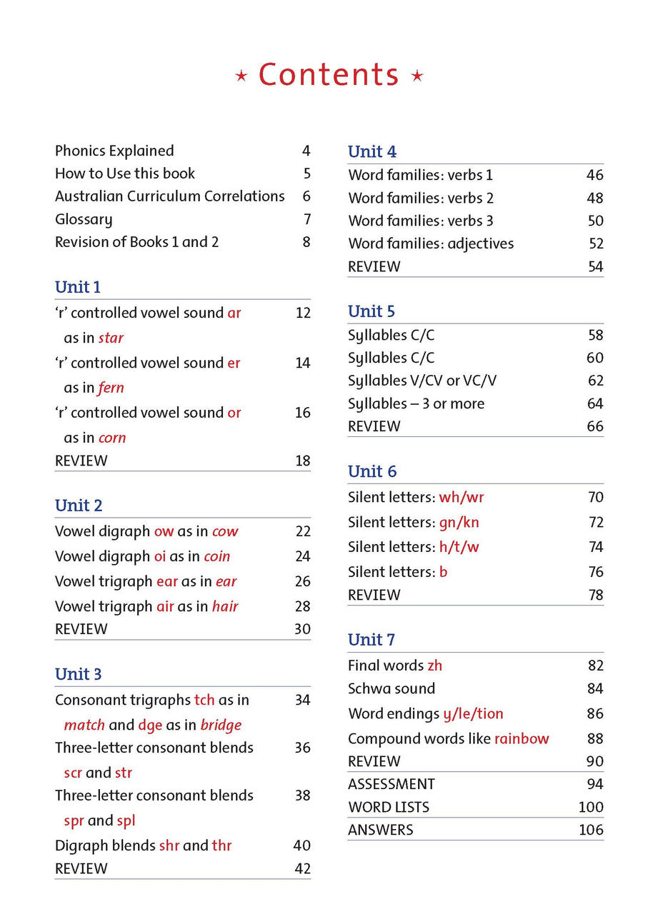 Contents page of the Targeting Phonics Book 3 phonics activity book listing the units, from the publisher preview gallery