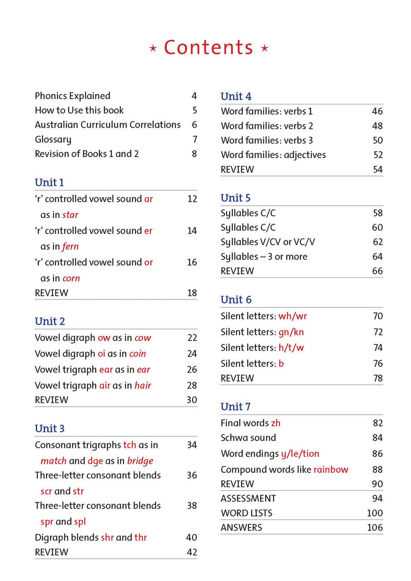 Contents page of the Targeting Phonics Book 3 phonics activity book listing the units, from the publisher preview gallery