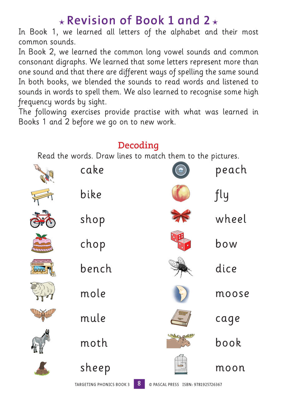 Sample interior activity page from the Targeting Phonics Book 3 phonics activity book, from the publisher preview gallery