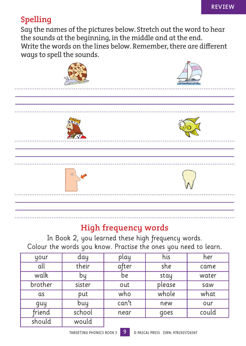 Sample interior activity page from the Targeting Phonics Book 3 phonics activity book, from the publisher preview gallery