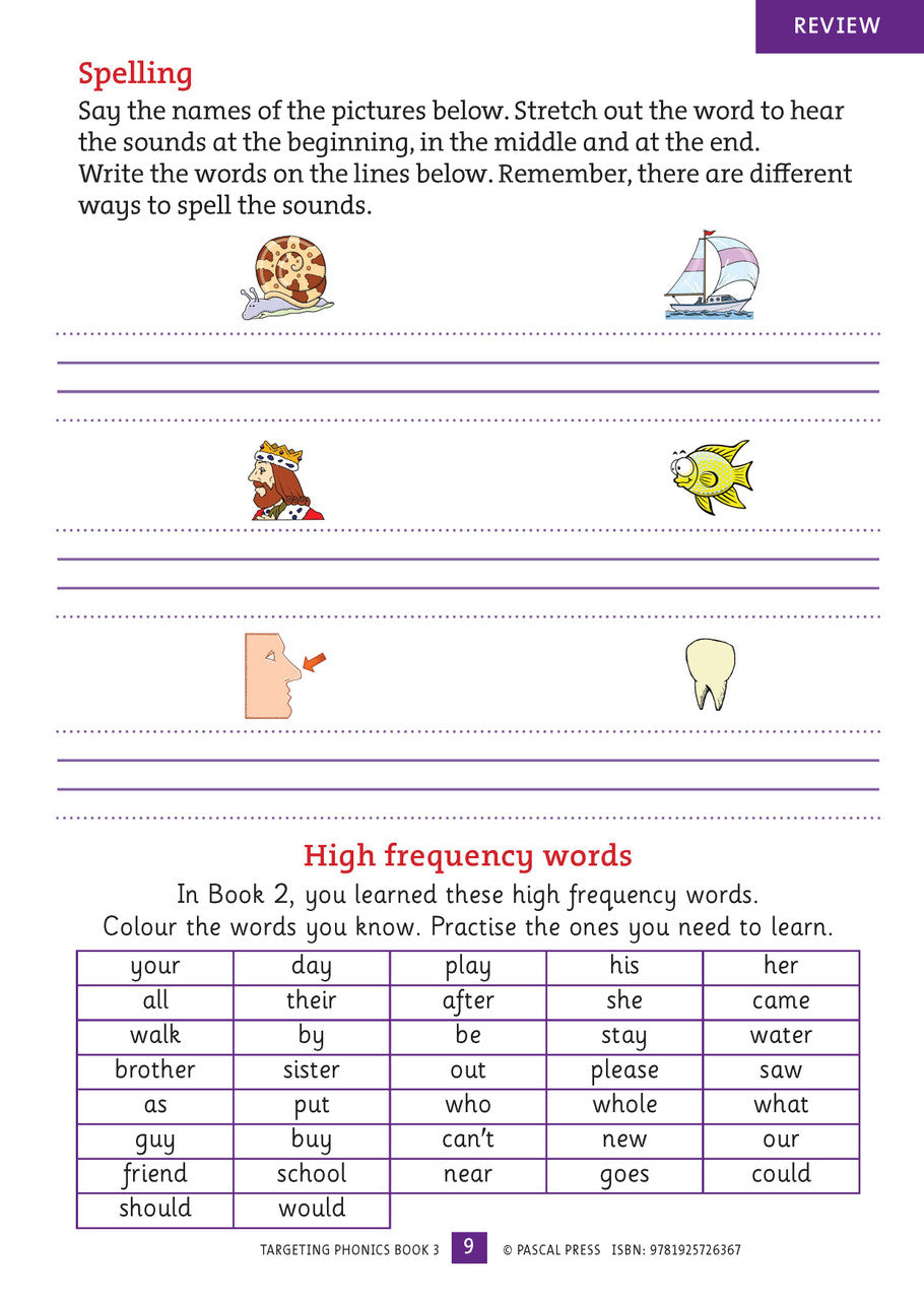 Sample interior activity page from the Targeting Phonics Book 3 phonics activity book, from the publisher preview gallery