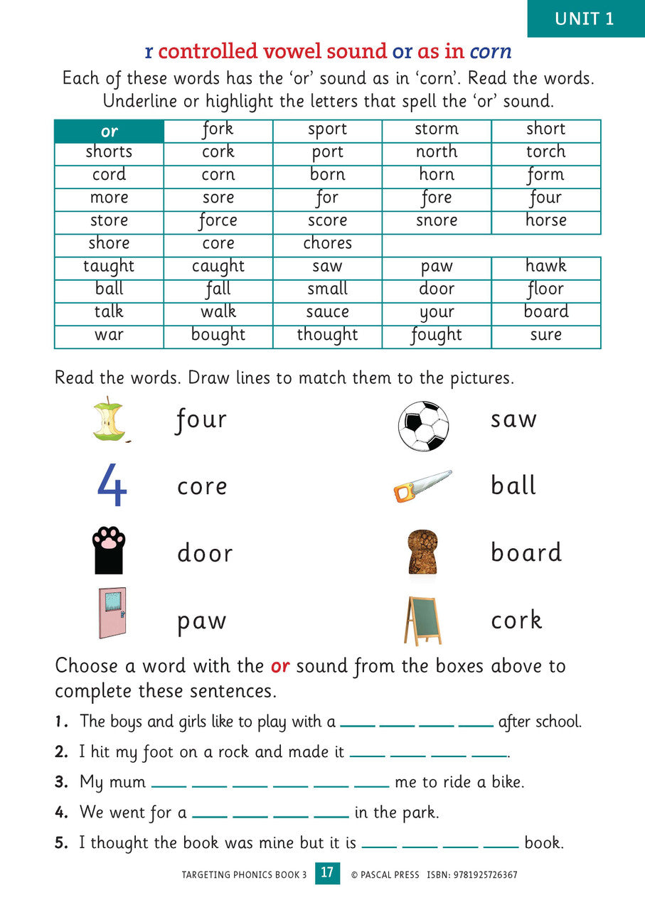 Sample interior activity page from the Targeting Phonics Book 3 phonics activity book, from the publisher preview gallery