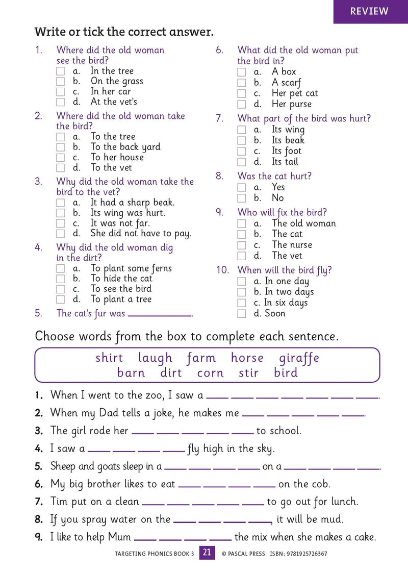 Sample interior activity page from the Targeting Phonics Book 3 phonics activity book, from the publisher preview gallery