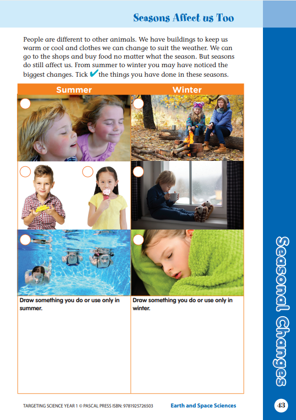 Sample interior activity page from the Targeting Science Year 1 science activity book, from the publisher preview gallery