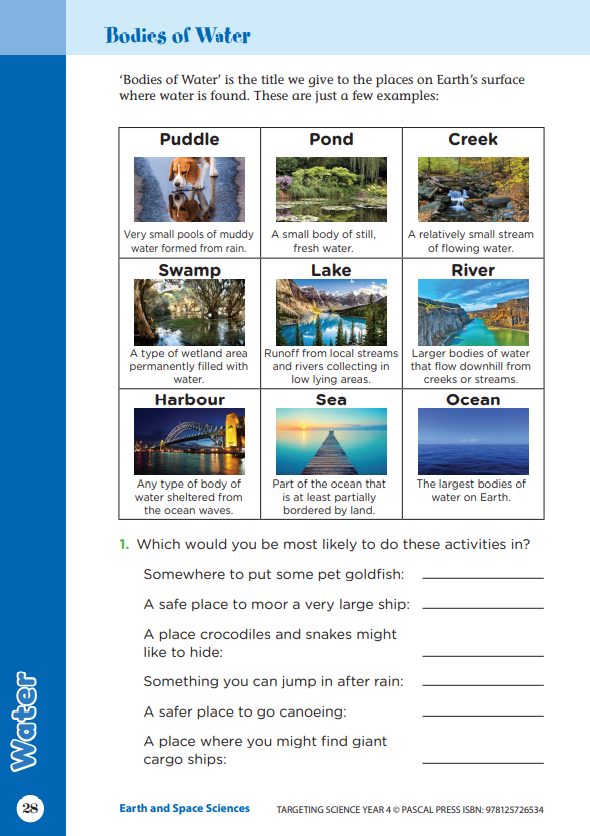 Sample interior activity page from the Targeting Science Year 4 science activity book, from the publisher preview gallery
