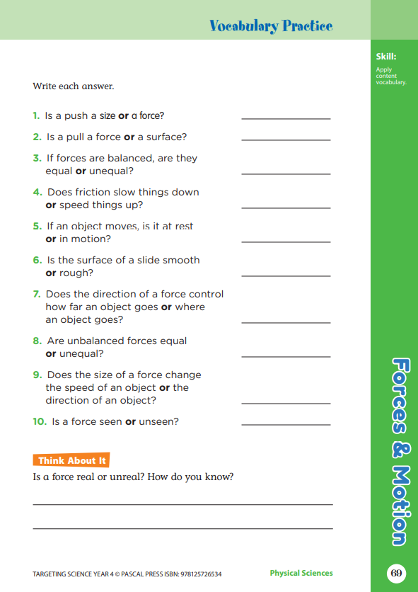 Sample interior activity page from the Targeting Science Year 4 science activity book, from the publisher preview gallery